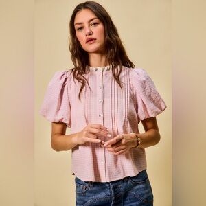 SO ME Gingham Lace Trim Button Bubble Sleeves Blouse🆕